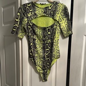 Guess Snake Print Bodysuit - Black and Neon Yellow